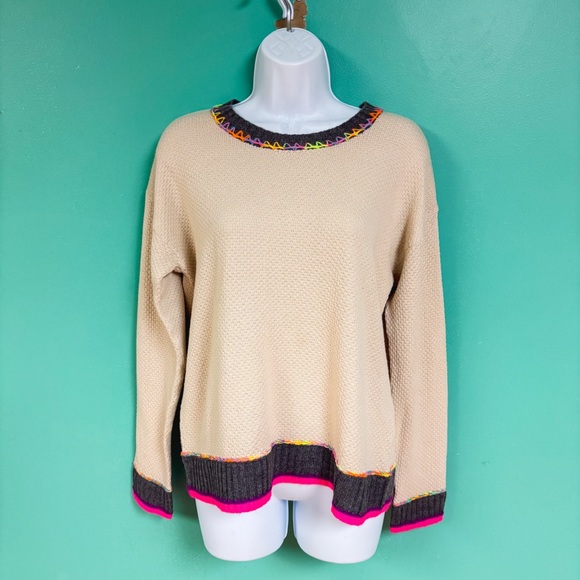 Lisa Todd Cream/Tan & Neon Rainbow Colorblock Border Order Knit Cotton Sweater M - Picture 2 of 8